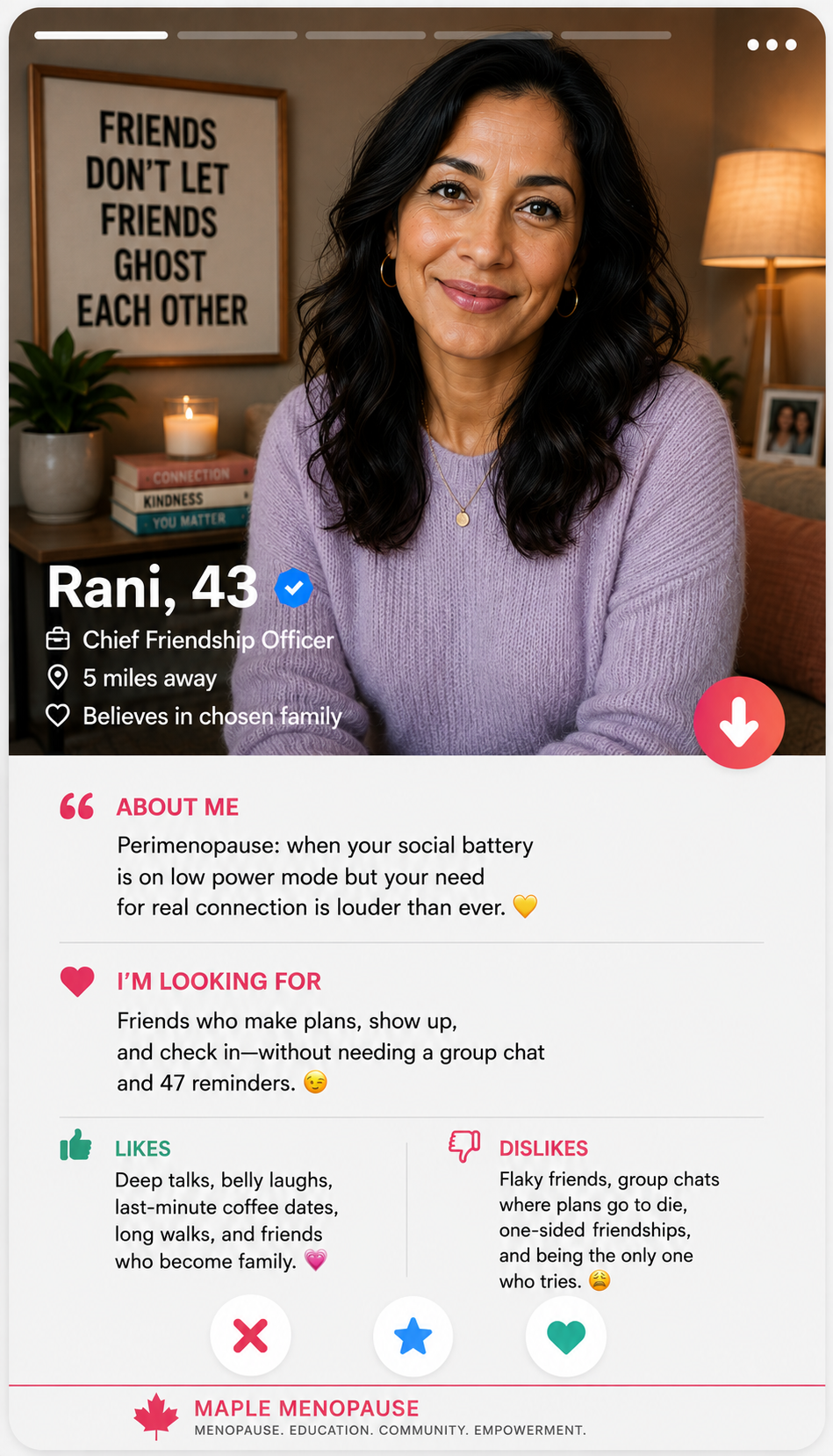 Maple Menopause graphic about friendship and loneliness in midlife