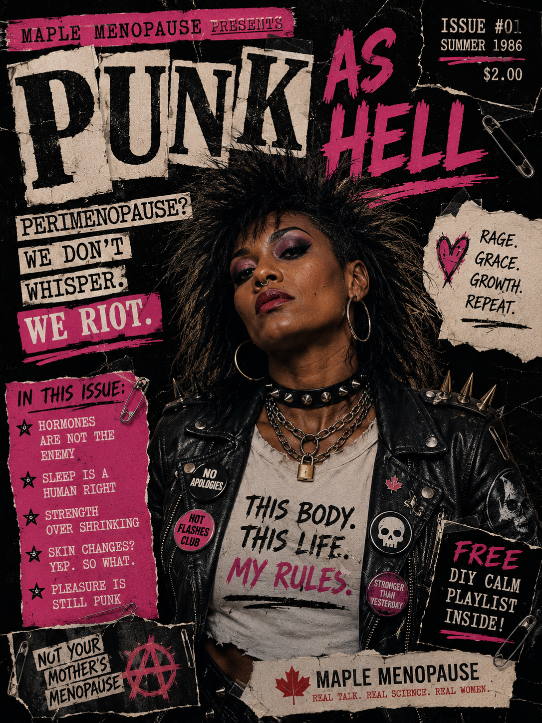 Punk-style Maple Menopause graphic about hormones and MHT in Canada