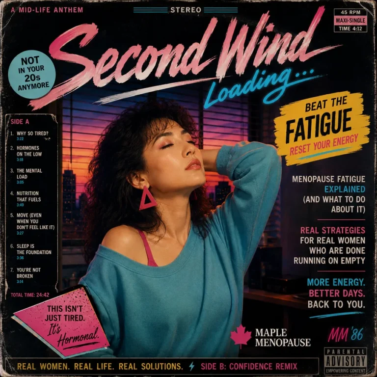 Retro Maple Menopause computer-loading graphic about fatigue