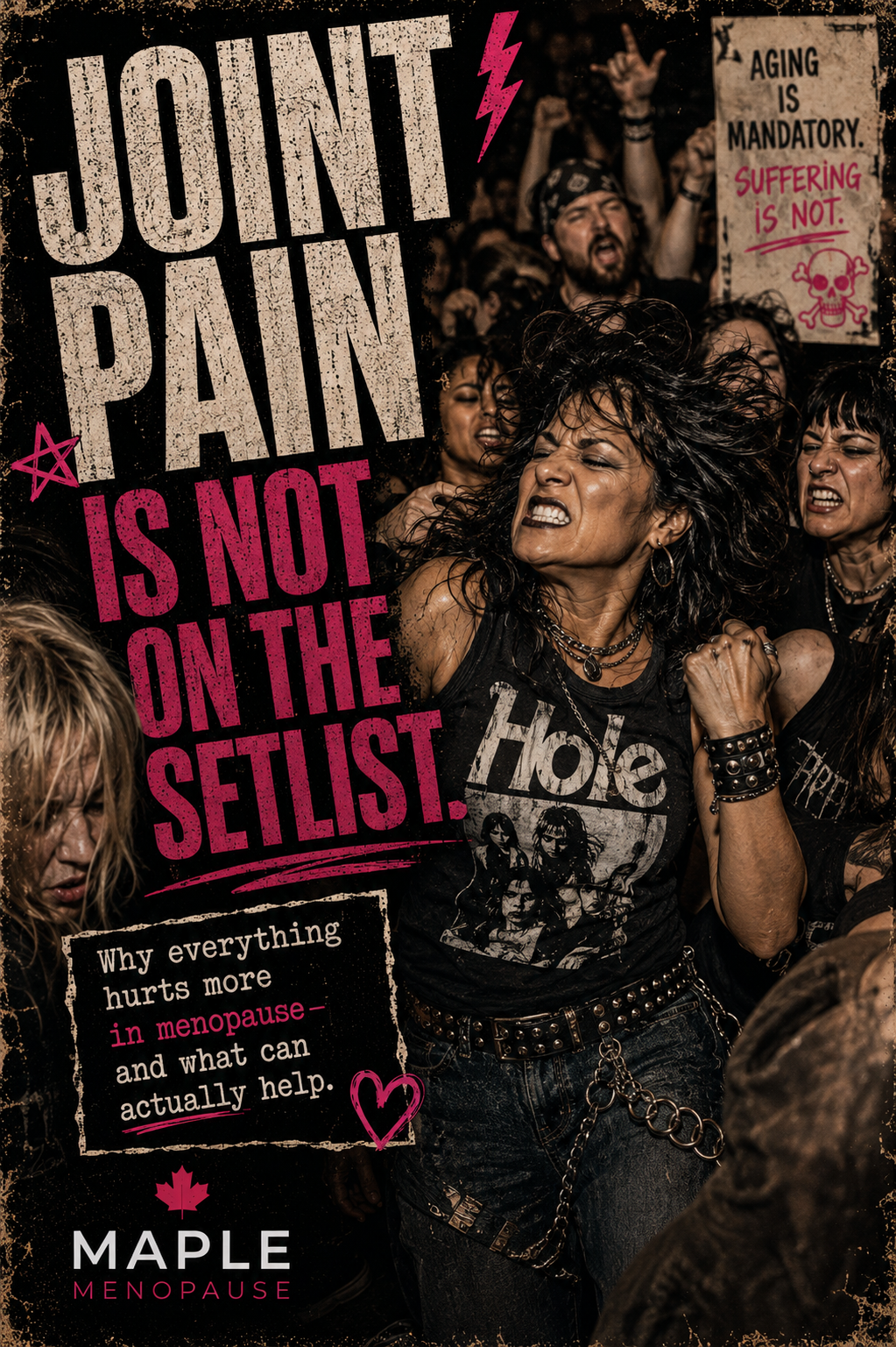 Maple Menopause mosh-pit graphic about menopause joint pain and frozen shoulder