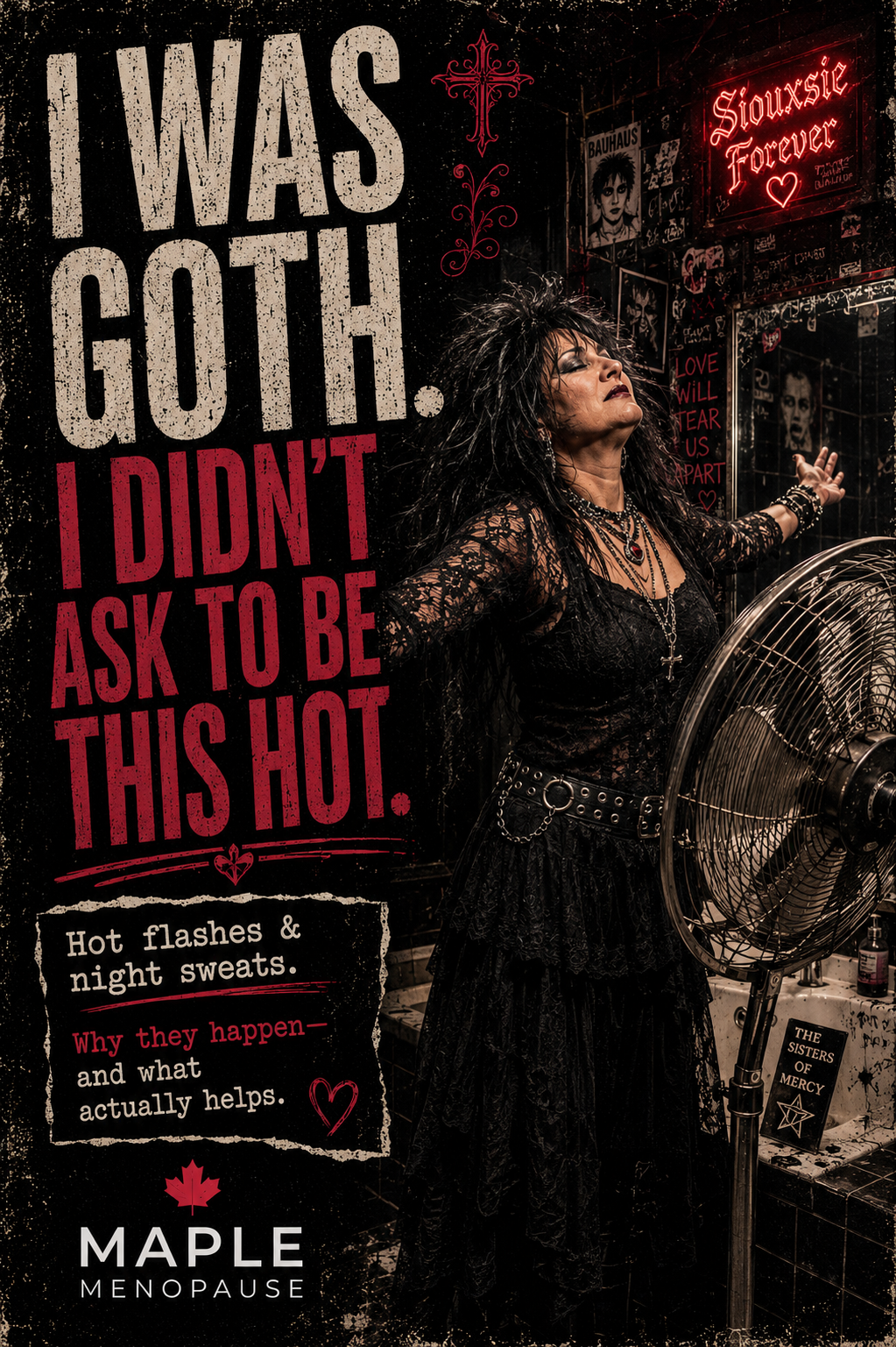 Maple Menopause goth graphic about hot flashes and night sweats