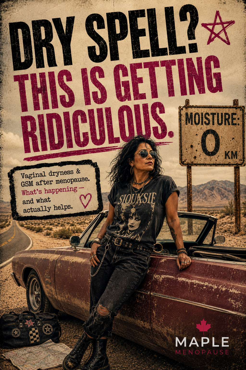Maple Menopause desert graphic about vaginal dryness and GSM
