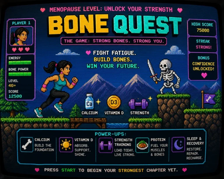 Retro computer-game Maple Menopause graphic about protecting bone health