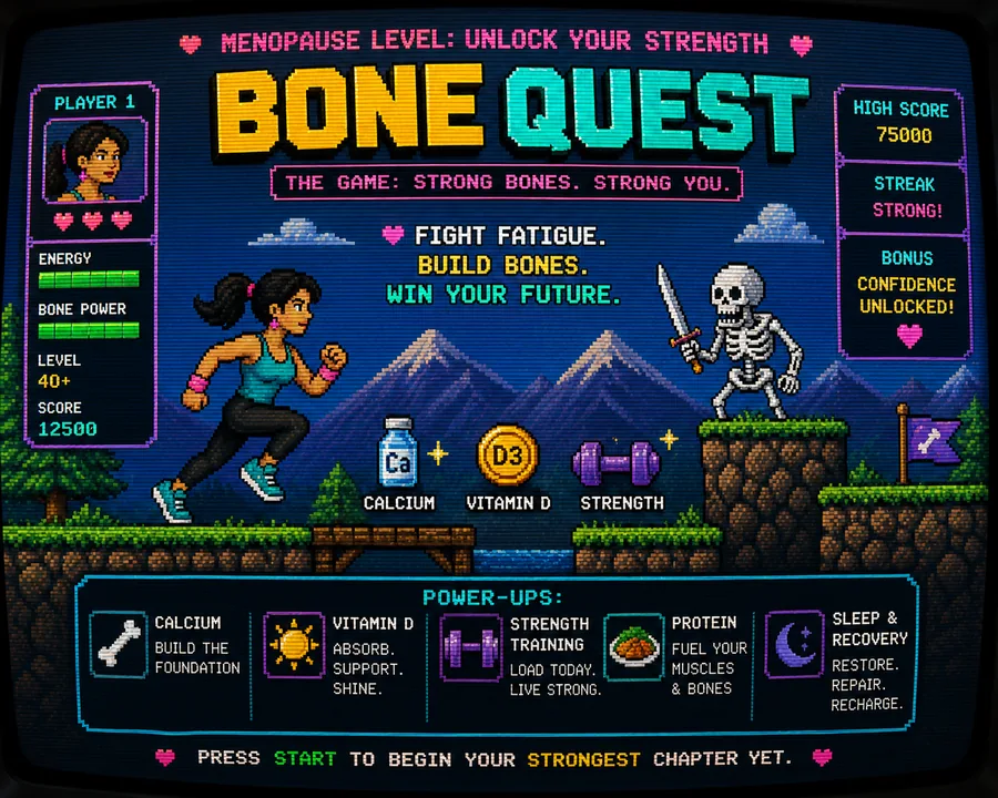 Retro computer-game Maple Menopause illustration about protecting bone health after 40