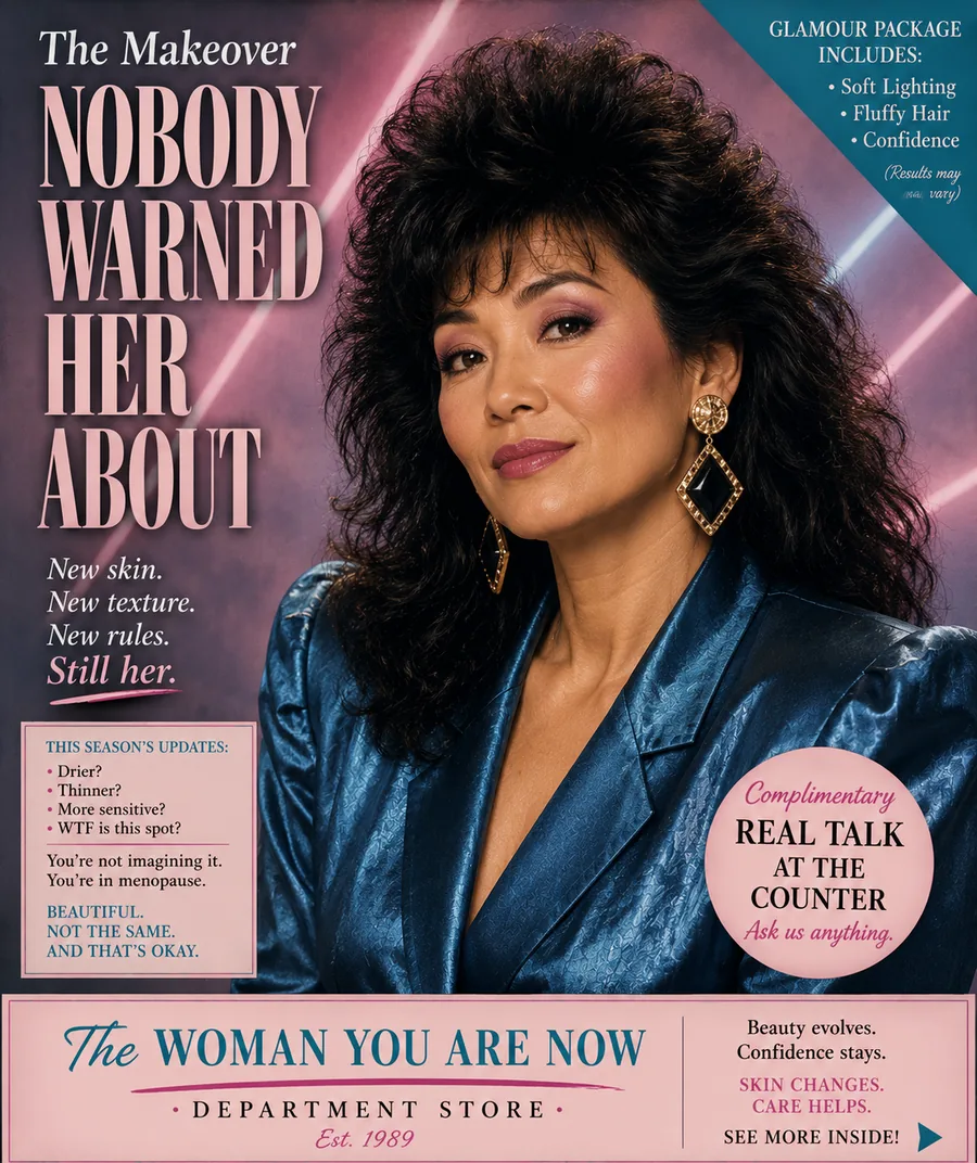 Retro Maple Menopause makeover graphic about changing midlife skin